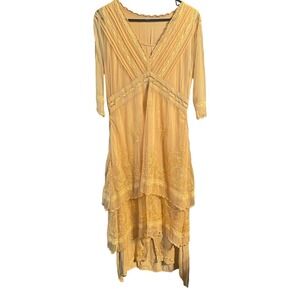 Nataya Medium Beige Embroidered Tiered Mesh Dress 1920s Downton Abbey Flapper